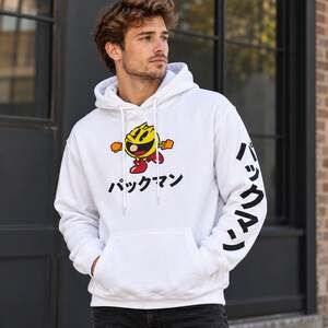 PAC MAN Hoodie Small White Japanese Graphic Retro Arcade Gaming Sweatshirt